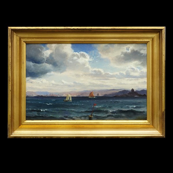 C. F. Sørensen, Denmark, 1818-79. Seascape with small ships. Signed. Visible 
size: 29x45cm. With frame: 40x56cm