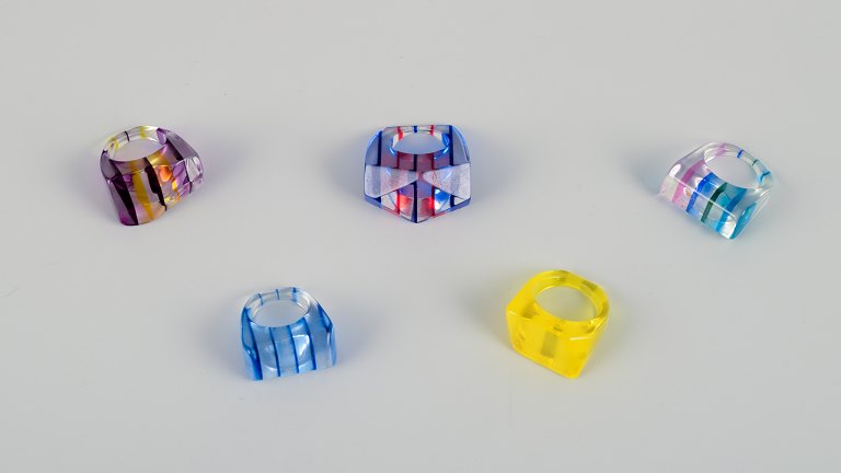 French jewelry artist. 
Five design rings in plastic. Striped design with various colors.