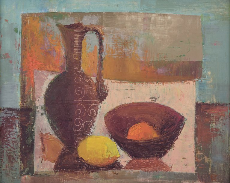 Swedish artist, oil on board.
Modernist still life with a pitcher and lemon.