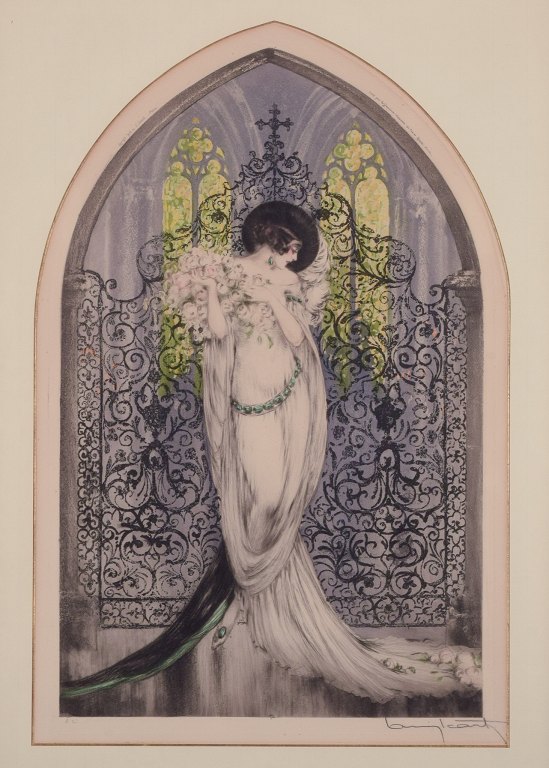 Louis Icart (1888-1950). Color lithograph on Japanese paper. 
Elegant woman with a bouquet of roses in a church.