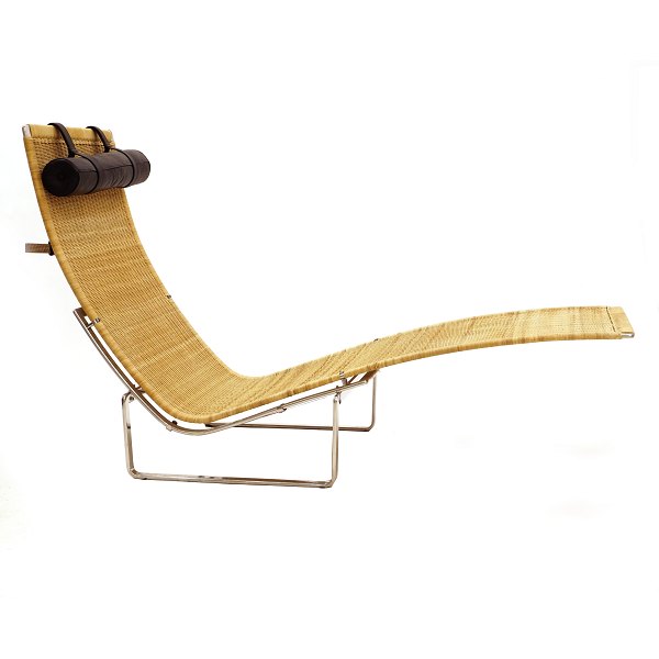 Poul Kjærholm PK
24 Hammock Chair. Steel and rattan. Black leather pillow. Designed 1965 and 
manufactured by Fritz Hansen. Nice condition with signs of use. H: 88cm. L: 
150cm. W: 69cm