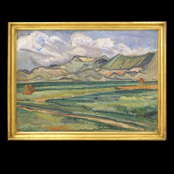 Axel P. Jensen, 1886-1972, olie på lærred. Landskab sandsynligvis ved 
Fjerritslev. Signeret og dateret 1918. Lysmål: 56x76cm. Med ramme: 65x85cm