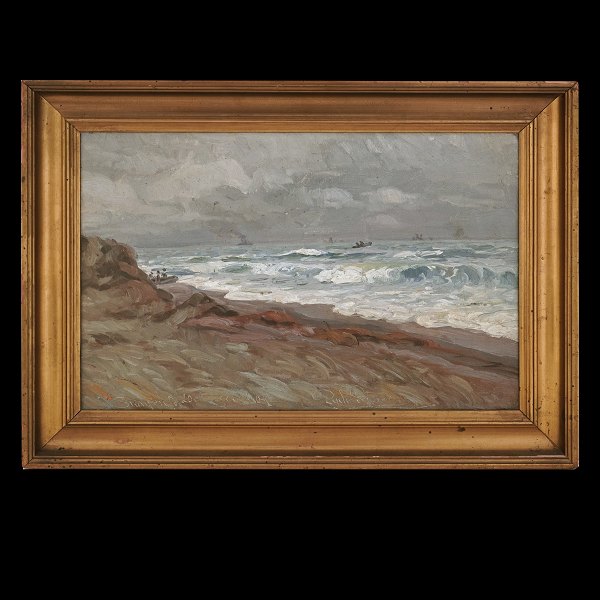 Gemälde Skagen. Hans Gyde Petersen, 1862-1943, Öl auf Leinen mit Motiv von dem 
Strand, Skagen, Dänemark. Signiert und datiert "Skagen 20. April 09". 
Lichtmasse: 28x42cm. Mit Rahmen: 39x53cm