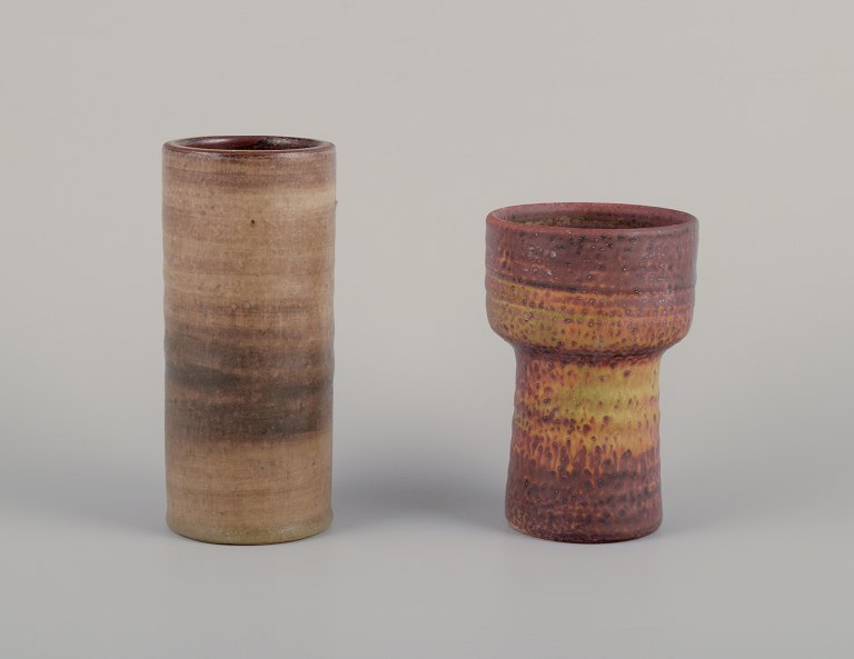 Mobach, Netherlands, two unique vases. Glaze in brown-green tones.