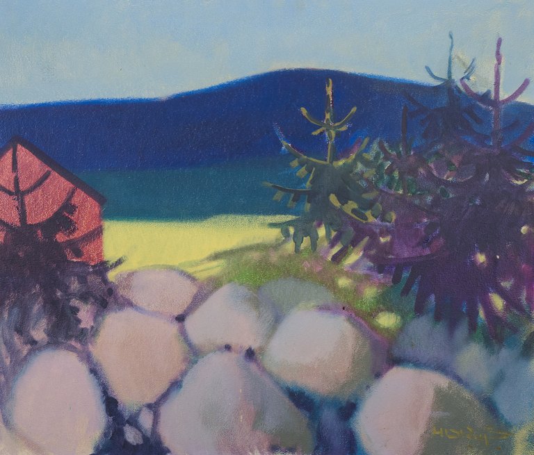 Knud Horup (1926-1973), Danish artist, oil on canvas. House in landscape.