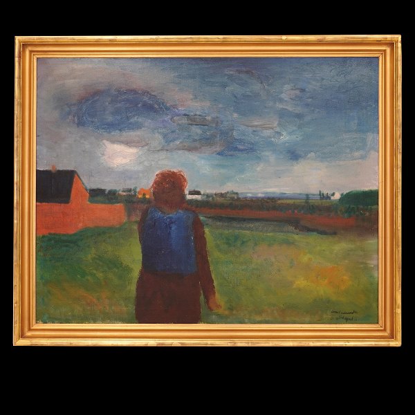 Jens Søndergaard, 1895-1957, Öl auf Leinen. "Landschaft". Signiert und datiert 
1948. Lichtmasse: 96x122cm. Mit Rahmen: 112x138cm