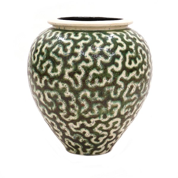 Large Per Weiss, Denmark, green and black glazed Vase. H: 54cm. D: 49cm