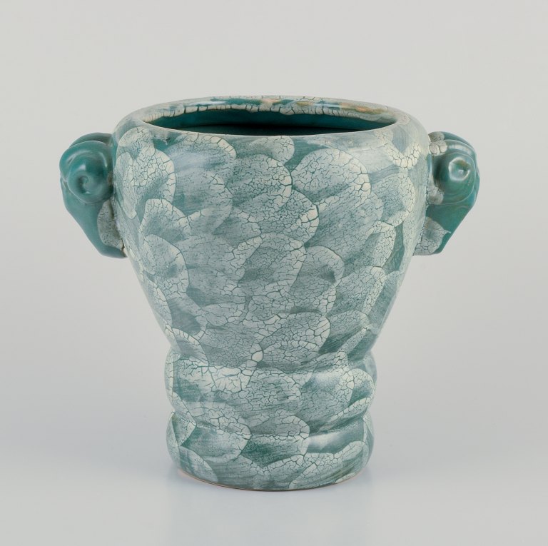 Michel Pointu, French ceramicist. 
Unique Art Deco ceramic vase with two handles.