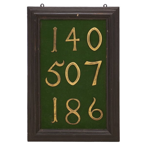 Hymn board with nine brass numbers circa 1750. Size: 102x69cm