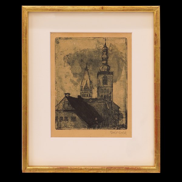 Emil Nolde Radierung und Aquatinte. Petri- und Patrocil Turm in Soest. Signiert 
Emil Nolde. 1906. Lichtmasse: 22x17cm. Mit Rahmen: 34x28cm