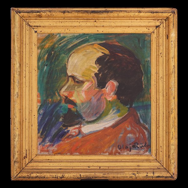 Portrait of the Danish artist Axel P Jensen by Olaf Rude. Oil on canvas. Signed. 
Visible size: 43x40cm. With frame: 62x59cm