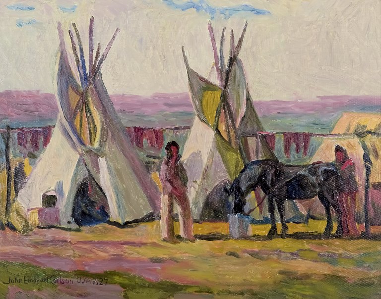 John Emanuel Carlson (born July 16, 1896, in Överselö – died March 31, 1979, in 
Sundbyberg), Swedish painter.
Oil on board.
Motif of camp with natives. Pine Ridge Reservation – USA.