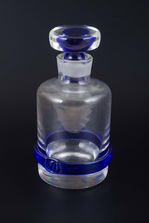 Decanter with stopper in clear and blue glass. Probably Murano, Italy, mid-20th century.