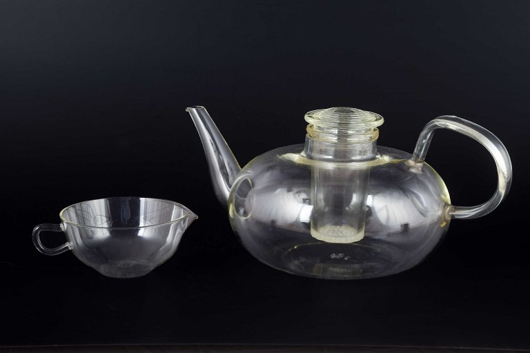 Wilhelm Wagenfeld for Jenaer GlasTeapot with strainer and creamer, 1930s.
