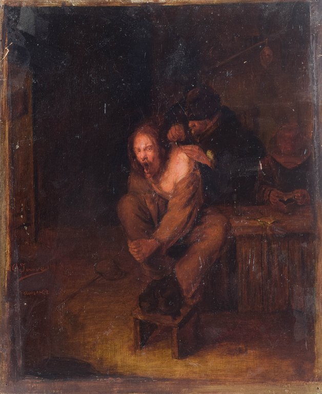G. Jouve (18th century)École Nord, FranceTorture / interrogation scene in dark interior.Oil on wooden panel.