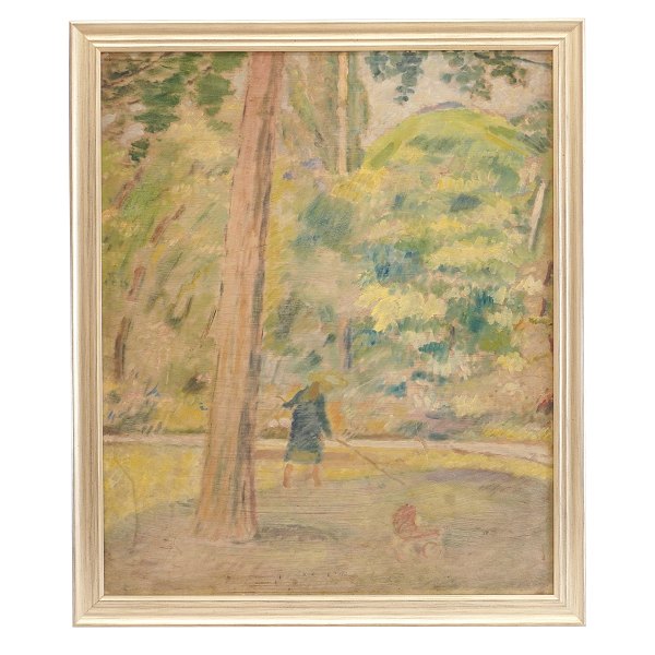 Harald Gierisng, 1881-1927, Öl auf Platte. Frau in einem Garten. 1908. Signiert. 
Lichtmasse: 74x60cm. Mit Rahmen: 82x68cm
