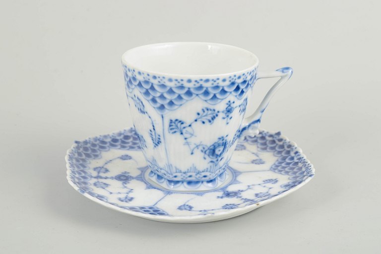 Royal Copenhagen, Blue Fluted Full Lace coffee cup with saucer.