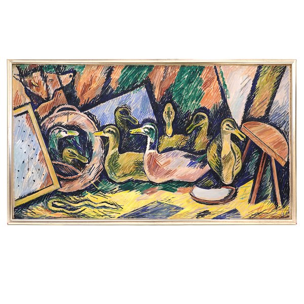 Large William Scharff painting.William Scharff, 1886-1959, Denmark, oil on canvas. Signed William Scharff.Size: 89x160cm. With frame: 95x166cm