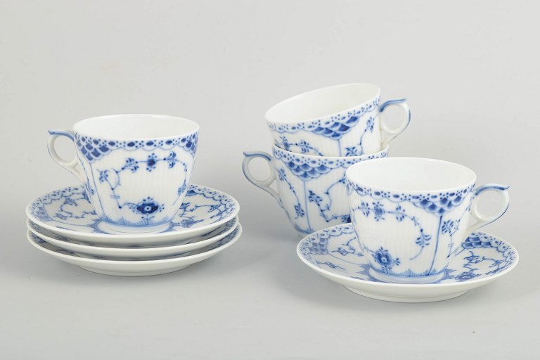 Royal Copenhagen Blue Fluted Half Lace, set of four coffee cups with matching saucers.