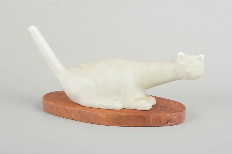 Lillemor Petersson for Rörstrand, cat figure on wooden stand.