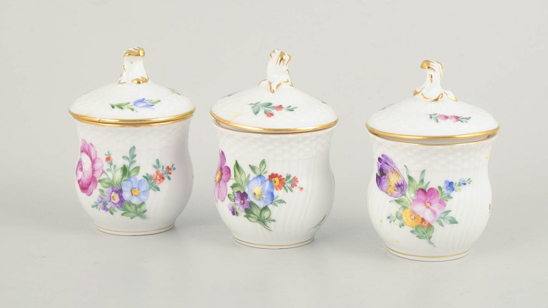 Royal Copenhagen, Saxon Flower set of three lidded cream cups.