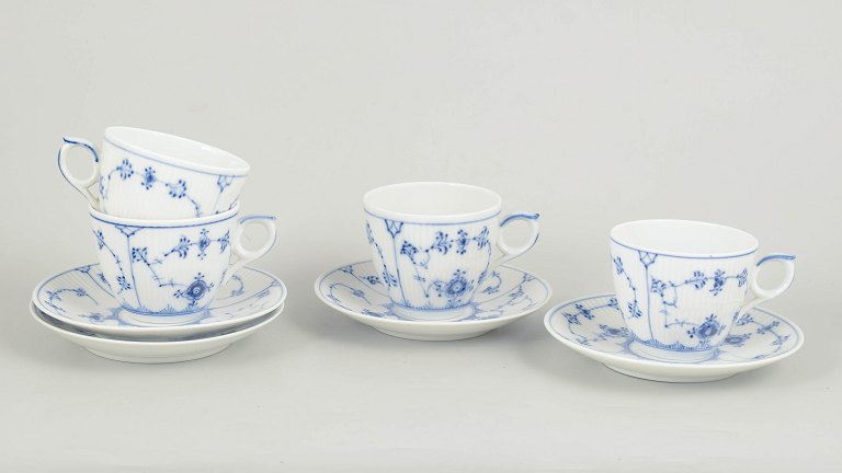 Royal Copenhagen Blue Fluted Plain, set of four coffee cups with saucers.