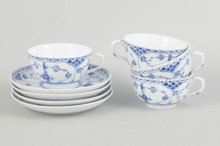 Royal Copenhagen Blue Fluted Half Lace coffee cups with saucers, set of four.