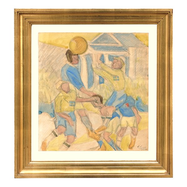 Christine Swane, 1876-1960, mixed media. Soccer players, water color and pencil. Signed and dated 1940. Visible size: 32,5x30cm. With frame: 46x42,5cm