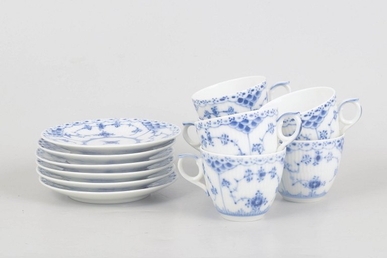 Royal Copenhagen, Blue Fluted Half Lace, set of six coffee cups and saucers.