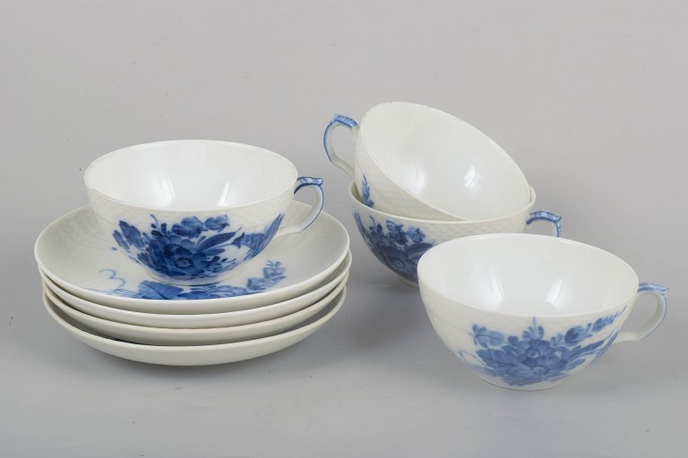 Royal Copenhagen, Blue Flower Curved, set of four Large Teacups with Saucers.